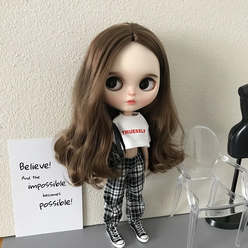 1 Pcs Blythe Doll Clothes Tube Top Sling and Plaid Casual Pants T-shirt Sweatpants Set for Barbie Blyth Licca OB24 Dolls Suit