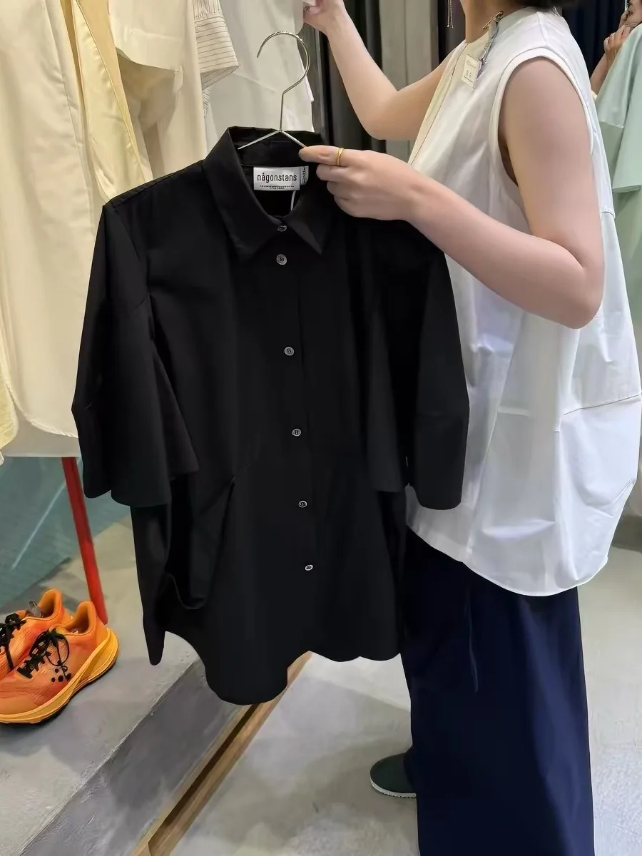 Ladies Loose  Neck Petal Shirt Comfortable Breathable Short Sleeve Floral Pattern Button up Casual Style Workwear