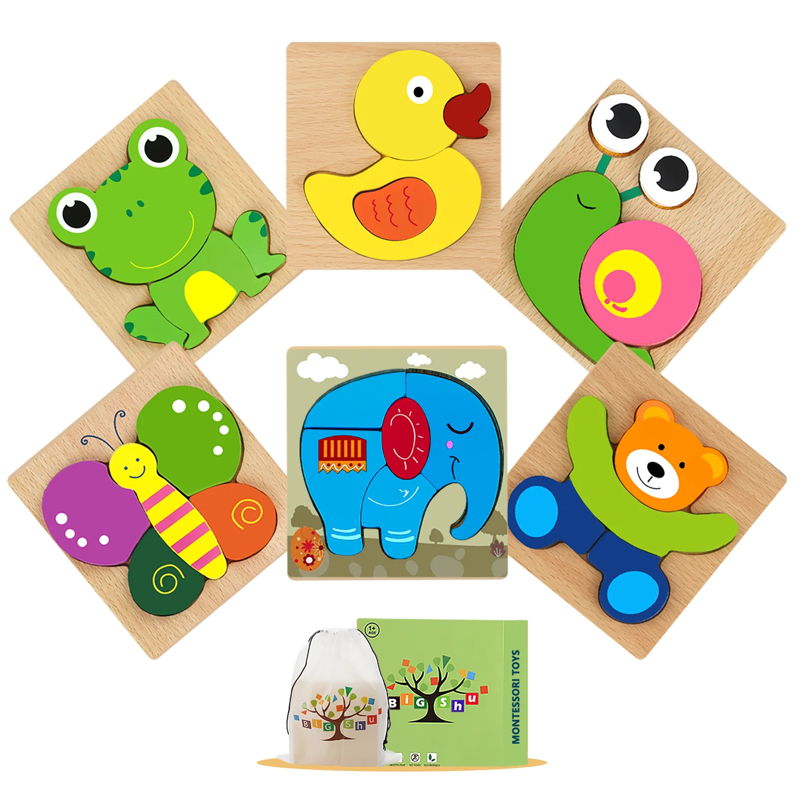 Montessori toys for young children toys Wooden jigsaw puzzle learning jigsaw dry sensory toys, 6 kinds of animal jigsaw baby toy