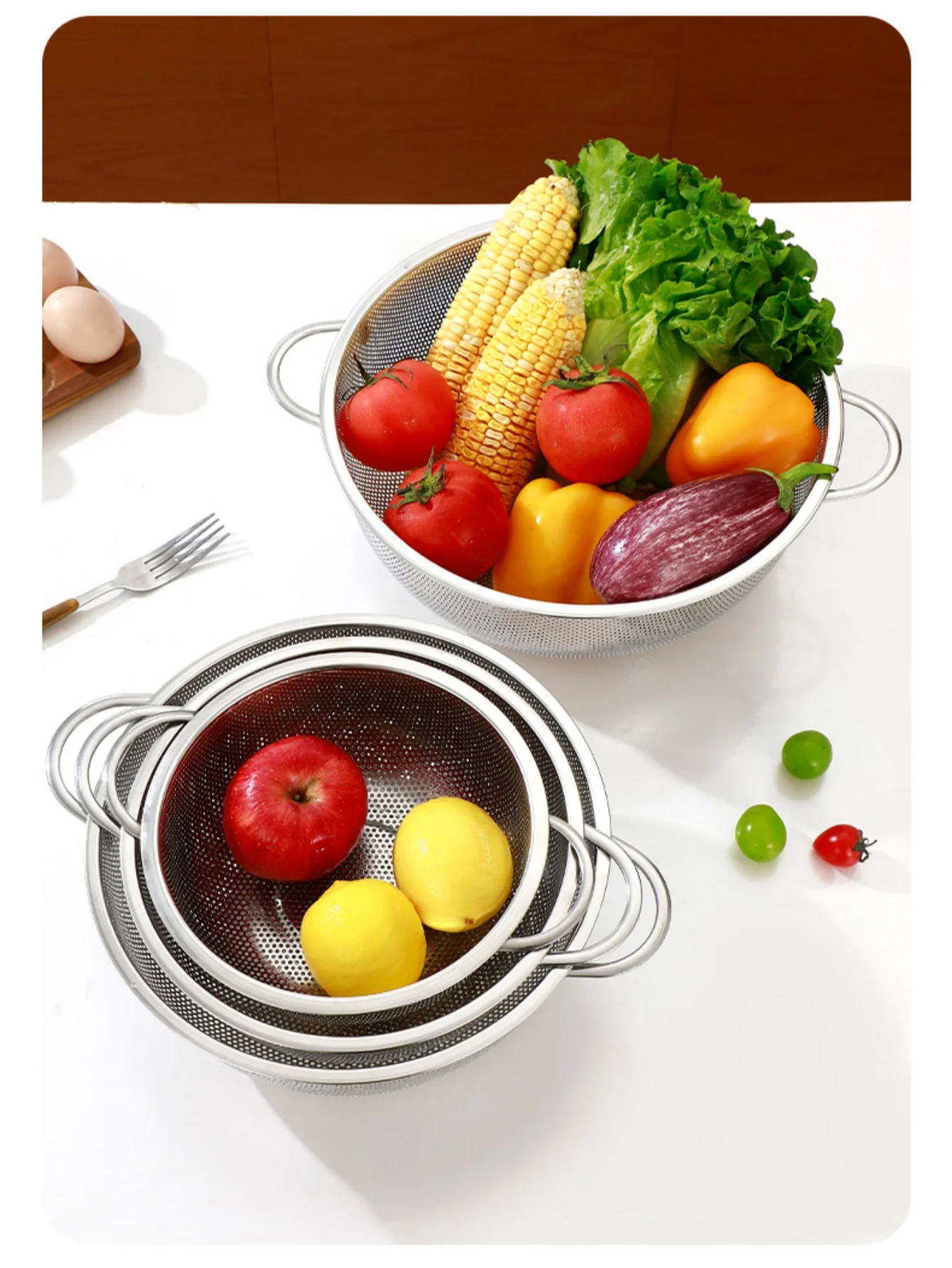 Allzweck-Siebnetzkörbe aus Edelstahl mit feinmaschigem Netz und Griffen, Ruhebasis, Sieb-Set, Küchenzubehör – Detail 5