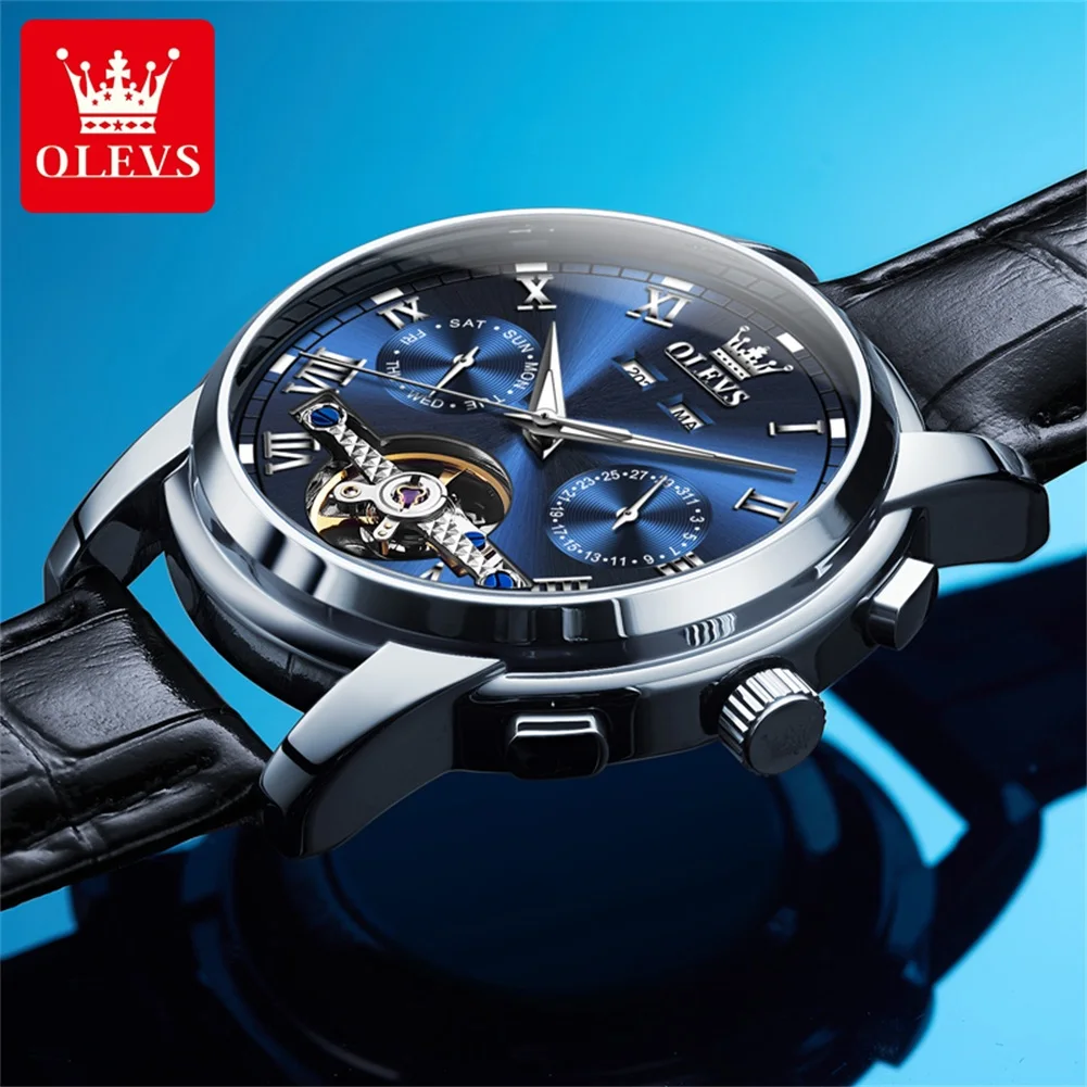 OLEVS 6607 Roman Scale Classic Mechanical Watch For Men Original Hollow Waterproof Wristwatch Week Date Display Automatic  Watch