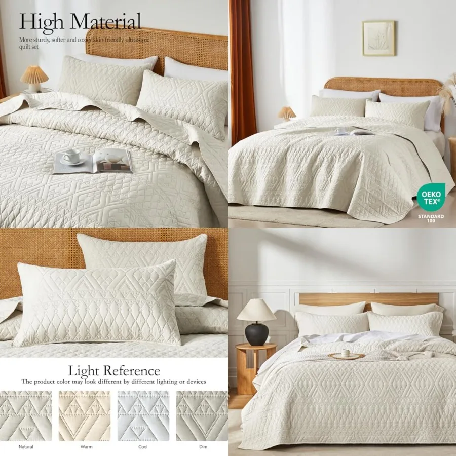 

King Quilt Set, Boho Style in a Solid Color, Cream Lightweight Microfiber Bedspread, Soft and Breathable Coverlet for All Seaso