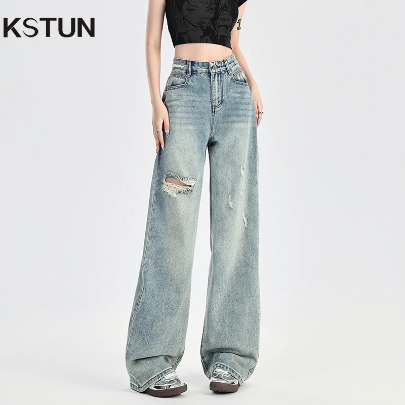 

KSTUN Distressed Jeans Women High Waist Hip Hop Denim Pants Hollow Out Vintage Straight Girls Jeans Boyfriend Jeans 2025 Summer