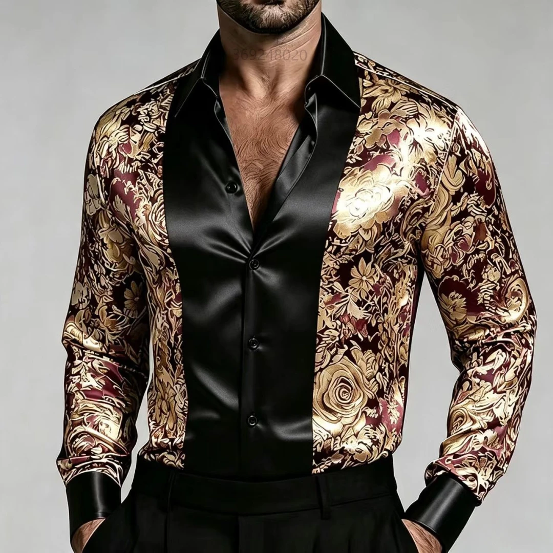 Men's Luxury Satin Long Sleeved Shirt, Black Gold Retro Rose Gold Printed Slim Fit Casual Business Party Shirt