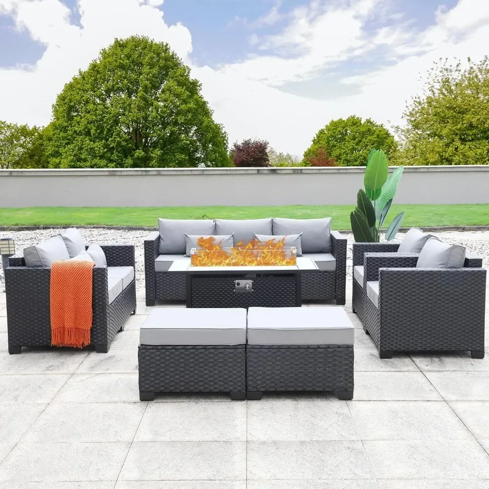 

Garden Furniture Set 7 PCS, Garden Fire Pit Table Patio Sets, No-Slip Cushions and Waterproof Covers, Garden Furniture Set