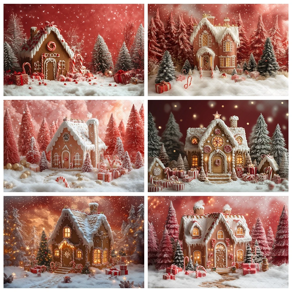 

Red Christmas Theme Gingerbread House Photography Background Christmas Gifts Snowflake Christmas Tree Photography Studio Supplie