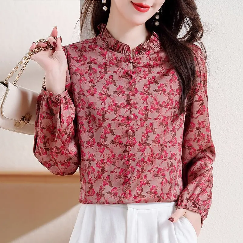 Simplicity Summer New Women's Round Neck Printing Button Edible Tree Fungus Temperament Loose Long Sleeve Chiffon Shirt Tops