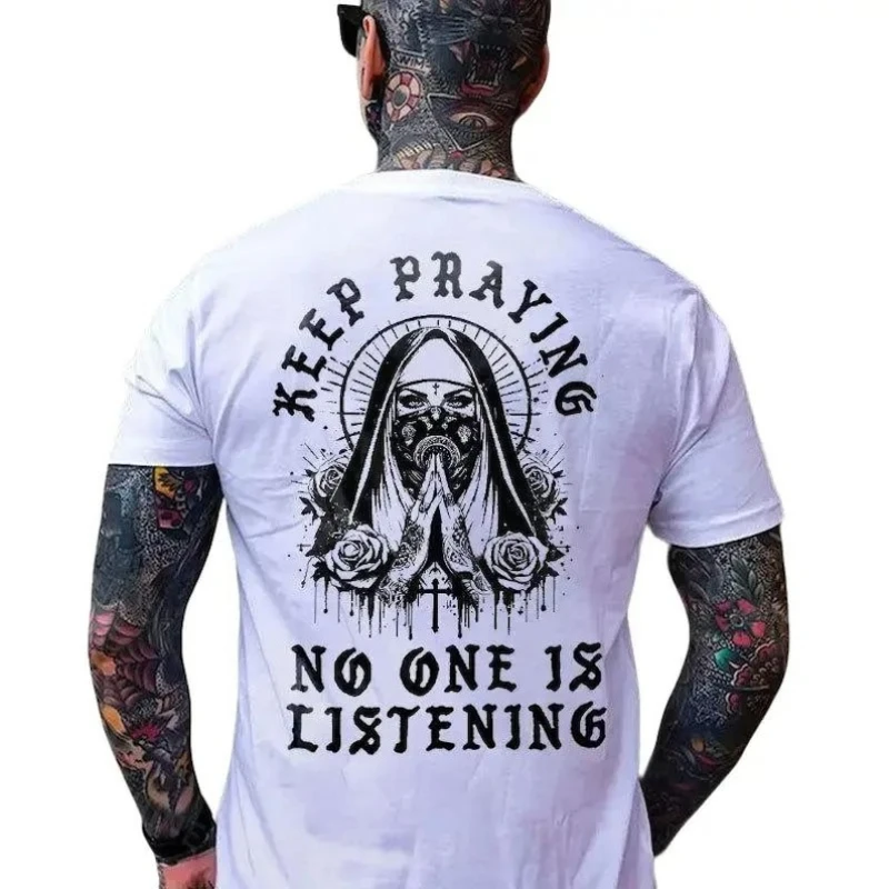 Keep No One Is Listening Praying Nun Skull Gothic Lover Lustiges christliches bedrucktes T-Shirt aus hochwertiger Baumwolle mit kurzen Ärmeln