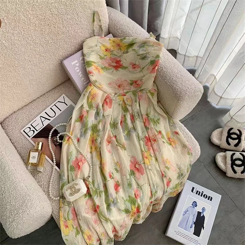 Japanese Fashion sweeet Pleated floral print Asymmetry dress girl Boho beach Fairy Dress beige printed long maxi dress Vestidos