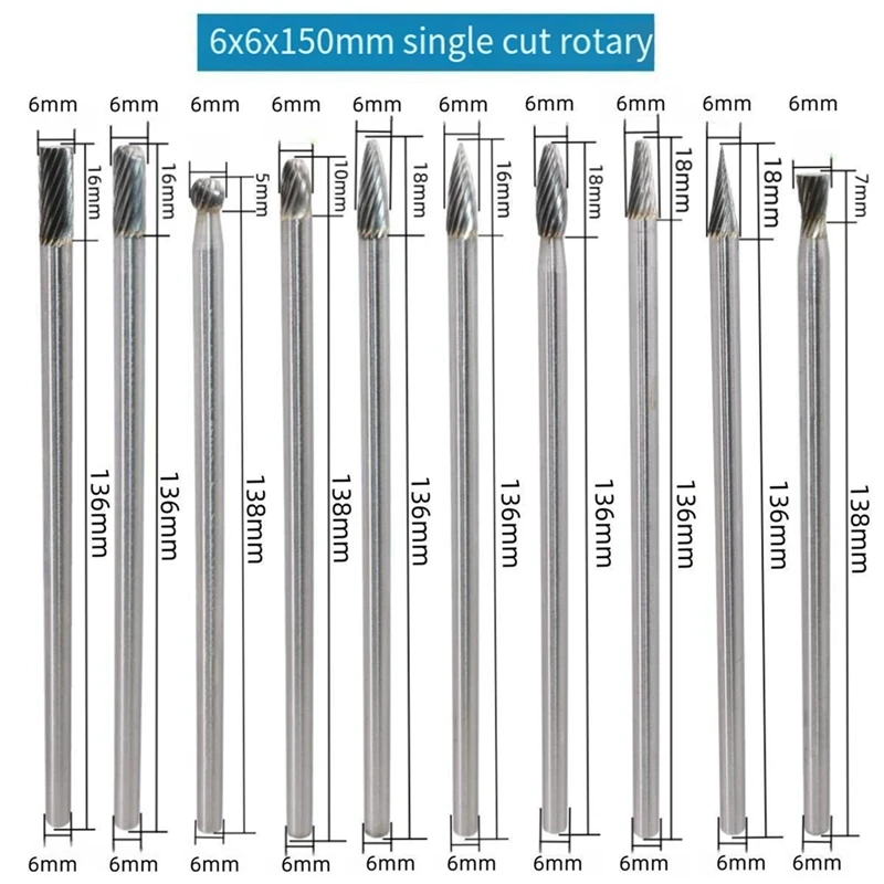 Mango de extensión de 6X6X150 Mm, Lima rotativa de carburo, cabezal de molienda de acero de tungsteno, herramienta de molienda de madera de Jade y Metal