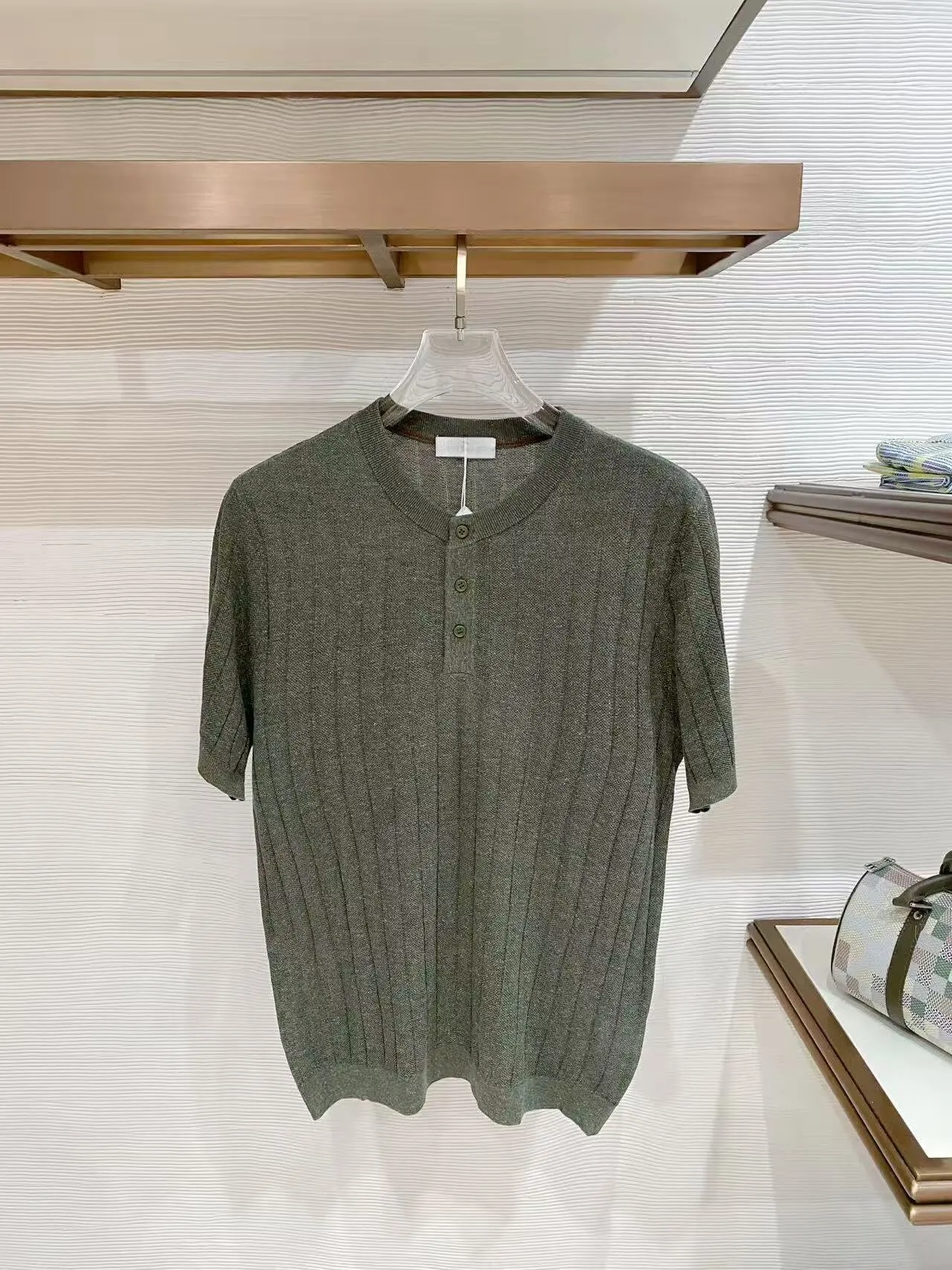 BC Home Custom Yarn Linen Cotton Blended, Henry Neck Knitted Sweater Striped Short Sleeve Business Casual T-Shirt