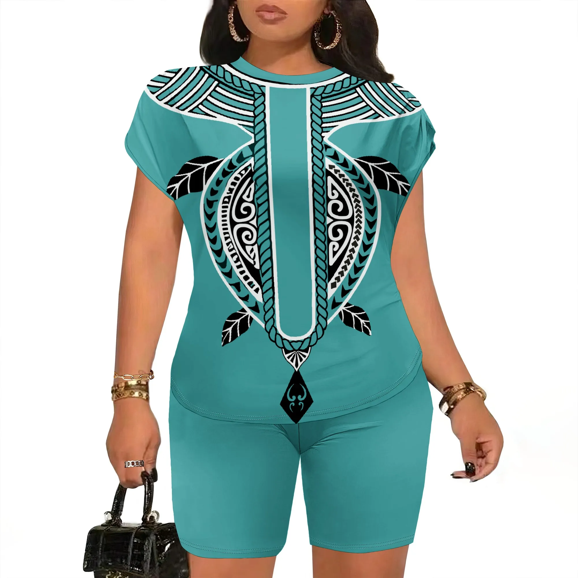 Tribal Print Dashiki Set Teal African Pattern Two Piece Outfit Short Sleeve Tunic Top Biker Shorts Casual Summer Wear