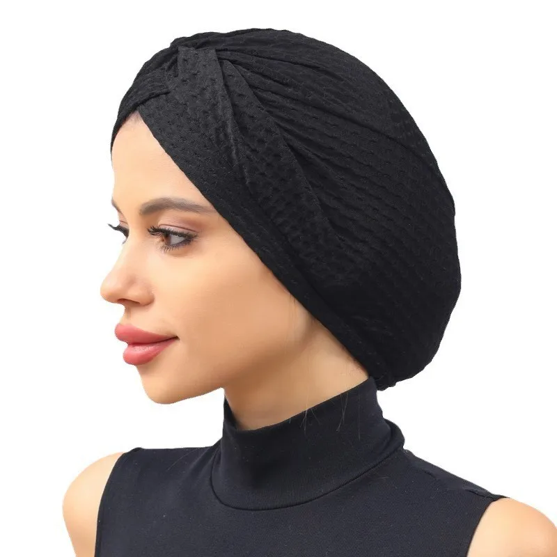 2023 New Cross Twist Women's Turban Cap Elastic Solid Color Head Wraps Muslim Beanie Ready to Wear Hijab Caps Turbante Mujer