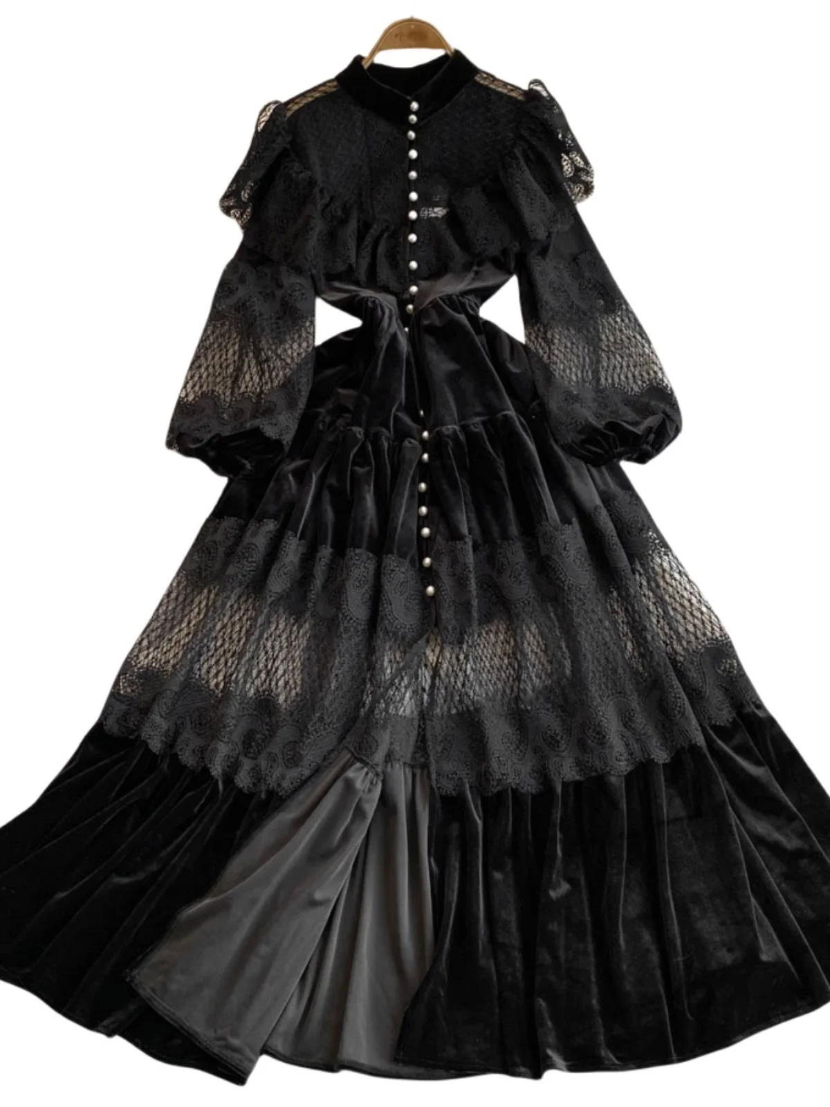 Retro Faion Velvet Long Skirt with Pearl Single Button Lace Splicing High Collar A-Line Dr Korean Sle Commute Dr