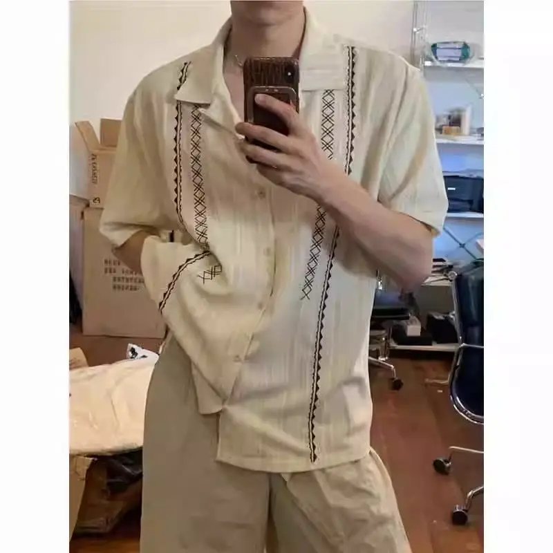 

Juspinice Simple Style Beige Embroidered Short Sleeve for Men Summer Retro Cuban Collar Ethnic Style Casual Loose Shirt Tees