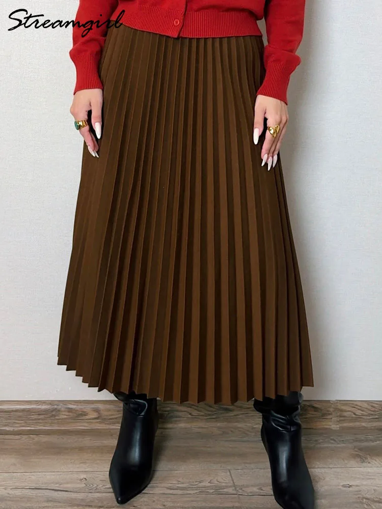 Streamgirl Long Wool Skirt Women Winter Black A Line Pleated Skirts Elastic Waist Vintage Office Warm Skirts For Women Autumn