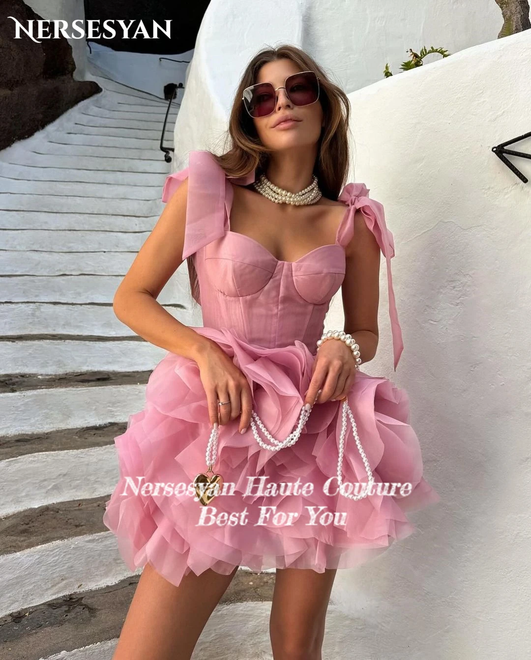 Nersesyan Dusty Rose Sexy Formal Evening Dresses Bow Straps Sweetheart A-Line Tiered Ruffles Sleeveless Graduation Party Gowns