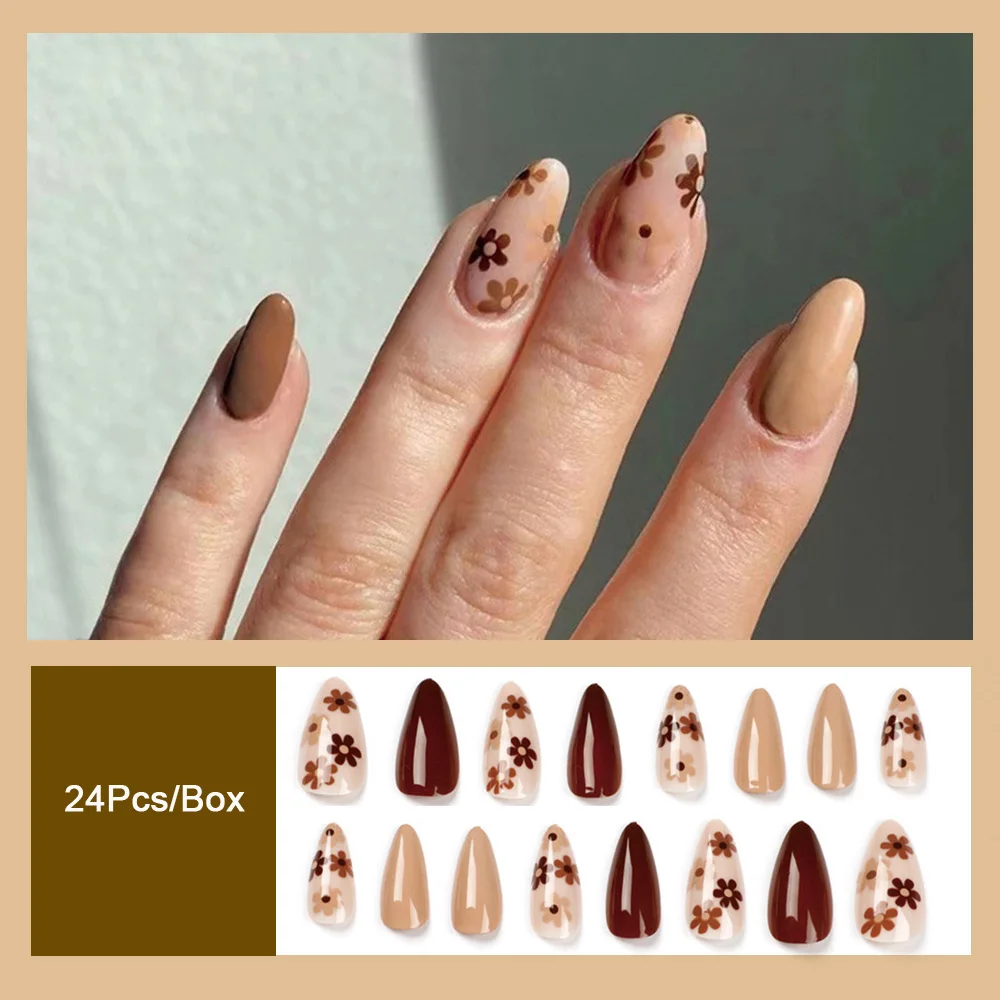 Uñas postizas de almendra de flor marrón con diseños, puntas francesas de moda, manicura DIY, uñas postizas portátiles, presione en las uñas, cubierta completa