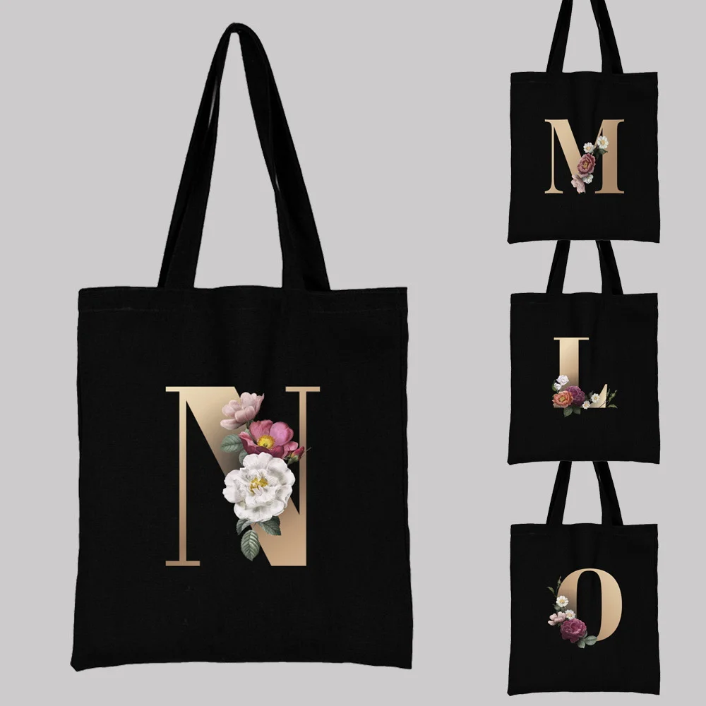 26 English Letters A-Z Floral Print Canvas Bag Harajuku Single Shoulder Hand-held Shopping Bag Black Fashion Reusable Tote Bag