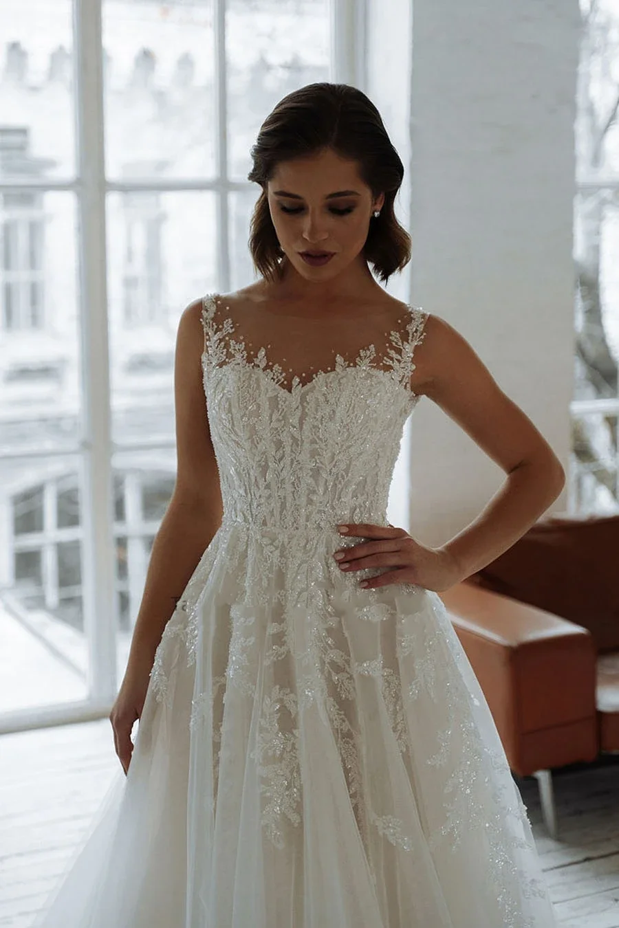 Flavinke, falda de tul sin mangas personalizada, cuello redondo, vestido de novia de encaje, ilusión, exquisitos vestidos de novia para mujer, vestidos de novia