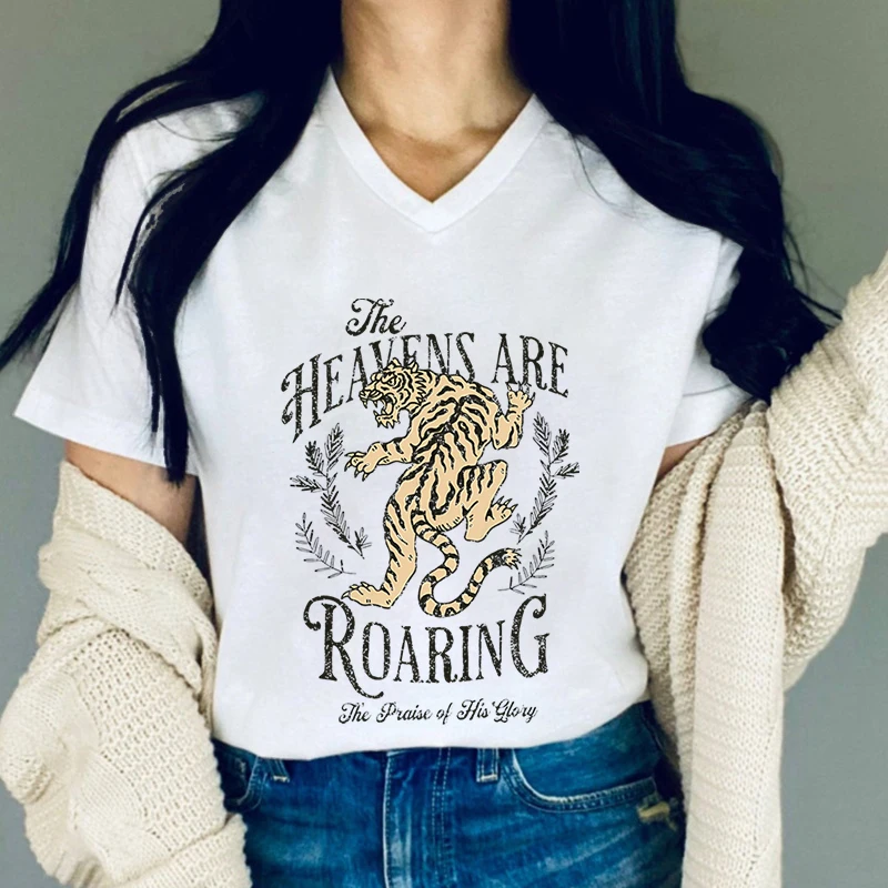 Women's Clothing The Heavens Are Roaring Vintage Retro Graphic T Shirt Tiger Spirit Galatians Faith Tops Roaring Woman T-shirts