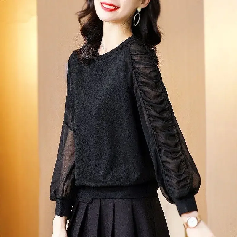 

Fashion O-Neck Solid Color Spliced Gauze Puff Sleeve Blouses Women Clothing Spring New Loose Korean Tops Office Lady Shirts E648