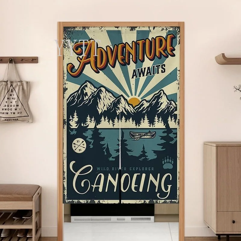 Camping Sign Door Curtain Retro Posters Printed Doorway Privacy Screen Partition Curtain Camper Home Bedroom Half-Curtain Gift