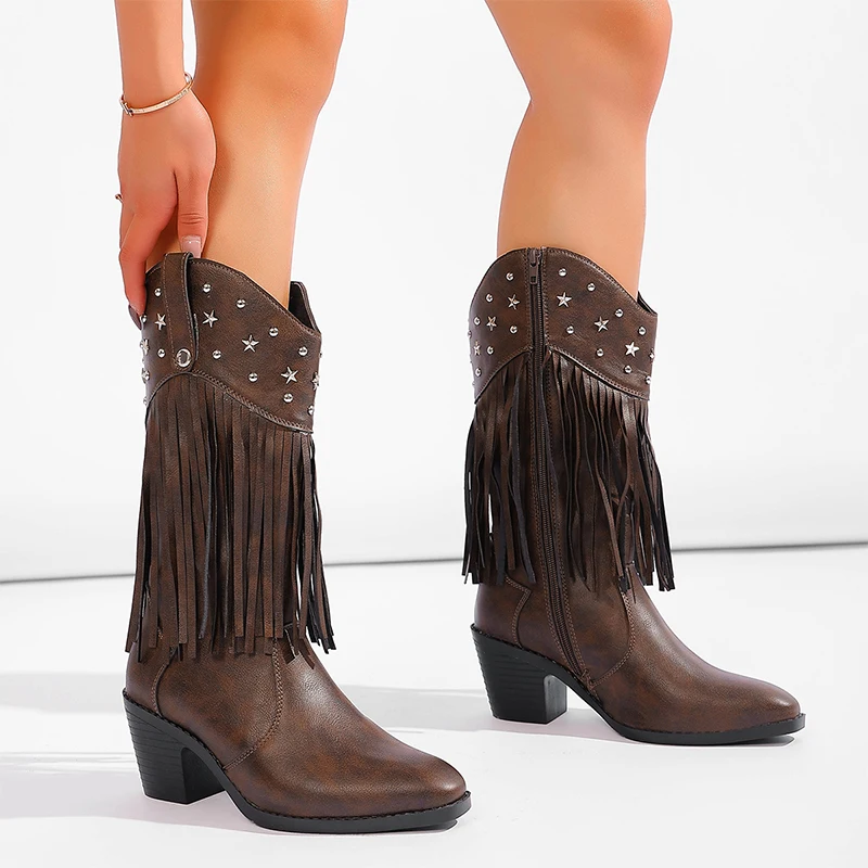 

Women Fringe Mid Calf Boots Designer High Heels Shoes 2025 Winter Chunky Western Boots Sexy Pumps Casual Zip Chelsea Botas Mujer