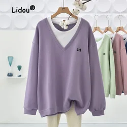 Sudadera de dos piezas con letras falsas para mujer, Top informal de manga larga, cuello redondo, holgado, combina con todo, moda de otoño e invierno, 2022