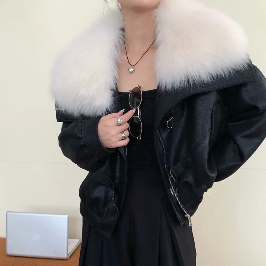 Autumn Winter Fur Collar Thick Warm Jacket Women Vintage Harajuku Parkas Faux Leather Coat Design High-end Outerwear Casual
