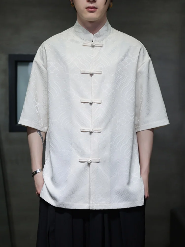 

Мужская летняя рубашка из ледяного шелка с коротким рукавом, тонкая, быстросохнущая, с охлаждающим эффектом, свободного кроя, на пуговицах, в китайском стиле