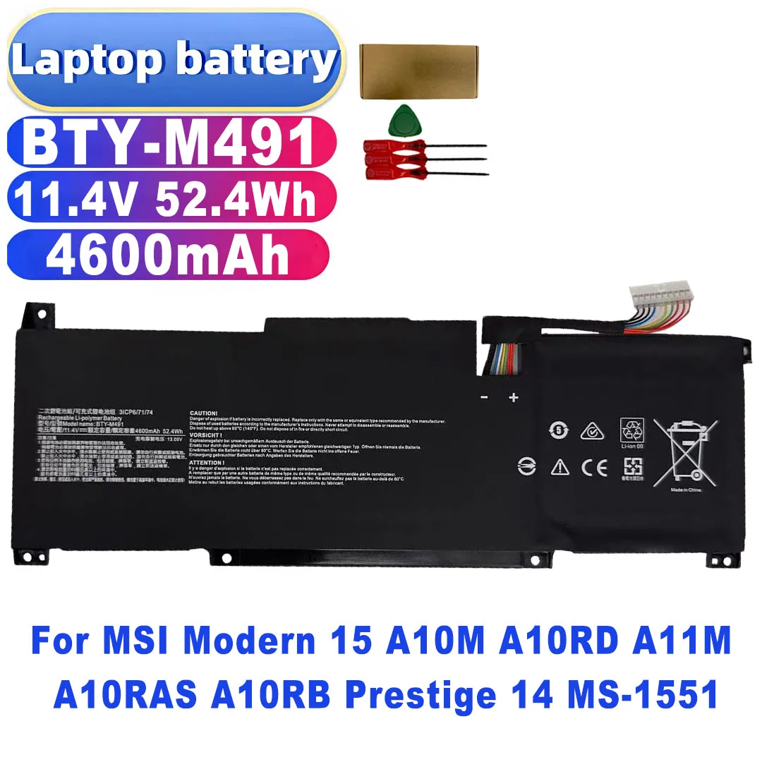 BTY-M491 3ICP6/71/74 11.4V 52.4Wh 4600mAh Battery for MSI Modern 15 A10M A10RD A11M A10RAS A10RB Prestige 14 MS-1551