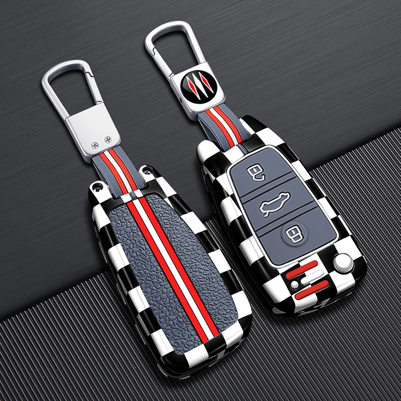 Checkered Flag Racing Style Car Key Fob Cover for Audi A3 A4 A5 A6 Q3 Q5 Q7 TT Smart Remote Key Protective Case with Keychain