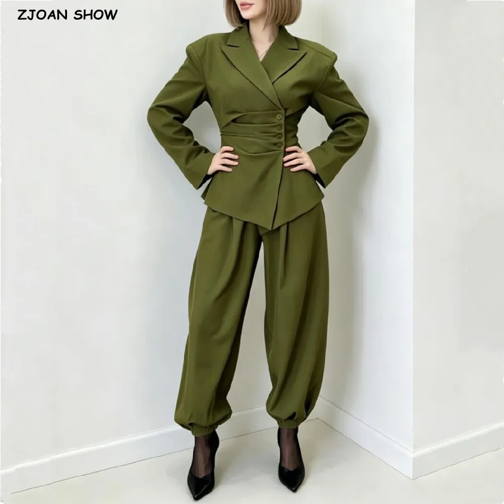 2 pieces 1 Set Autumn Army Green Folded Slim Waist Long Sleeve Blazer + Elastic Waist Full Length Harem Pants Trousers Suits