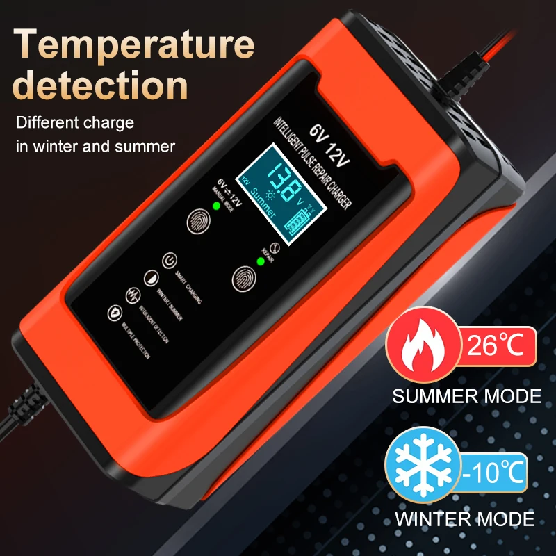 6V 12V 6A Smart Fast Charge Auto Motorcycle Car Battery Charger Cycle GEL Lead-Acid Charger Pulse Repair LCD Display