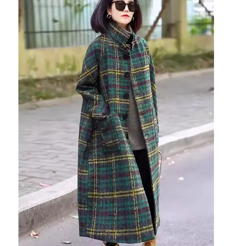 Vintage Plaid Woolen Jacket Women\'s Clothing 2023 Autumn/Winter New Korean Loose Thicken Long Coats Casual Female Plaid Overcoat