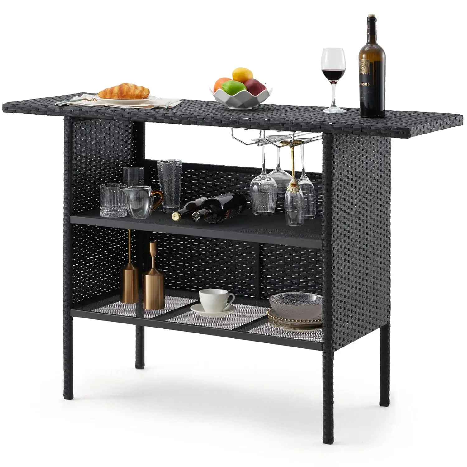 

Black Wicker Bar Table, Outdoor Patio Console Table Serving Table, Mini Outdoor Bar Patio Counter with Steel, Customized