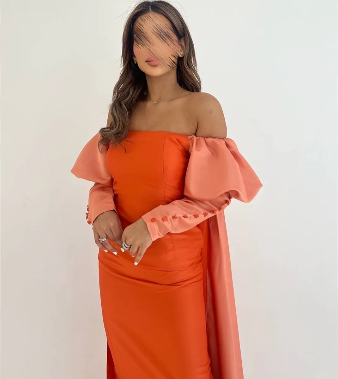 Elegant Long Sleeve Taffeta Evening Dresses With Buttons Sheath Orange Ankle Length Wedding Guest Dress Prom Dresses for Women