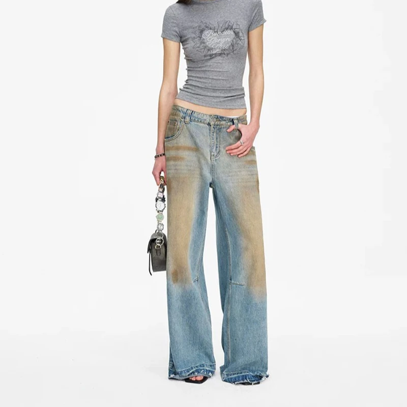 Women's High-Waist Wide-Leg Jeans Casual Loose Bohemian Style American Vintage Dirty Look Streetwear Trendy Long Straight Pants