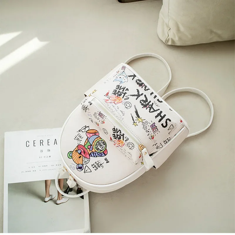 New Korean Fashion Personality Bear Graffiti Pu Womens Small Backpack Mini School Bag Casual High Capacity Schoolbags