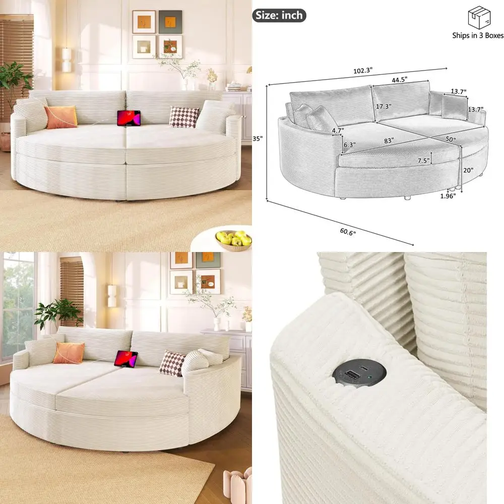 

Oversized Corduroy Loveseat Sectional Sofa Bed with USB Ports, Deep Seating and Pillows for Comfortable Living