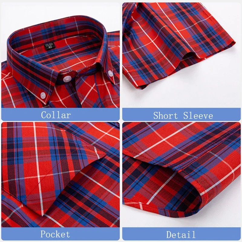 2024 Summer Cotton Plaid Short Sleeve Shirts For Men Plus Size Regular Fit Classic Young  England  Style Shirts Man\'s Clothing