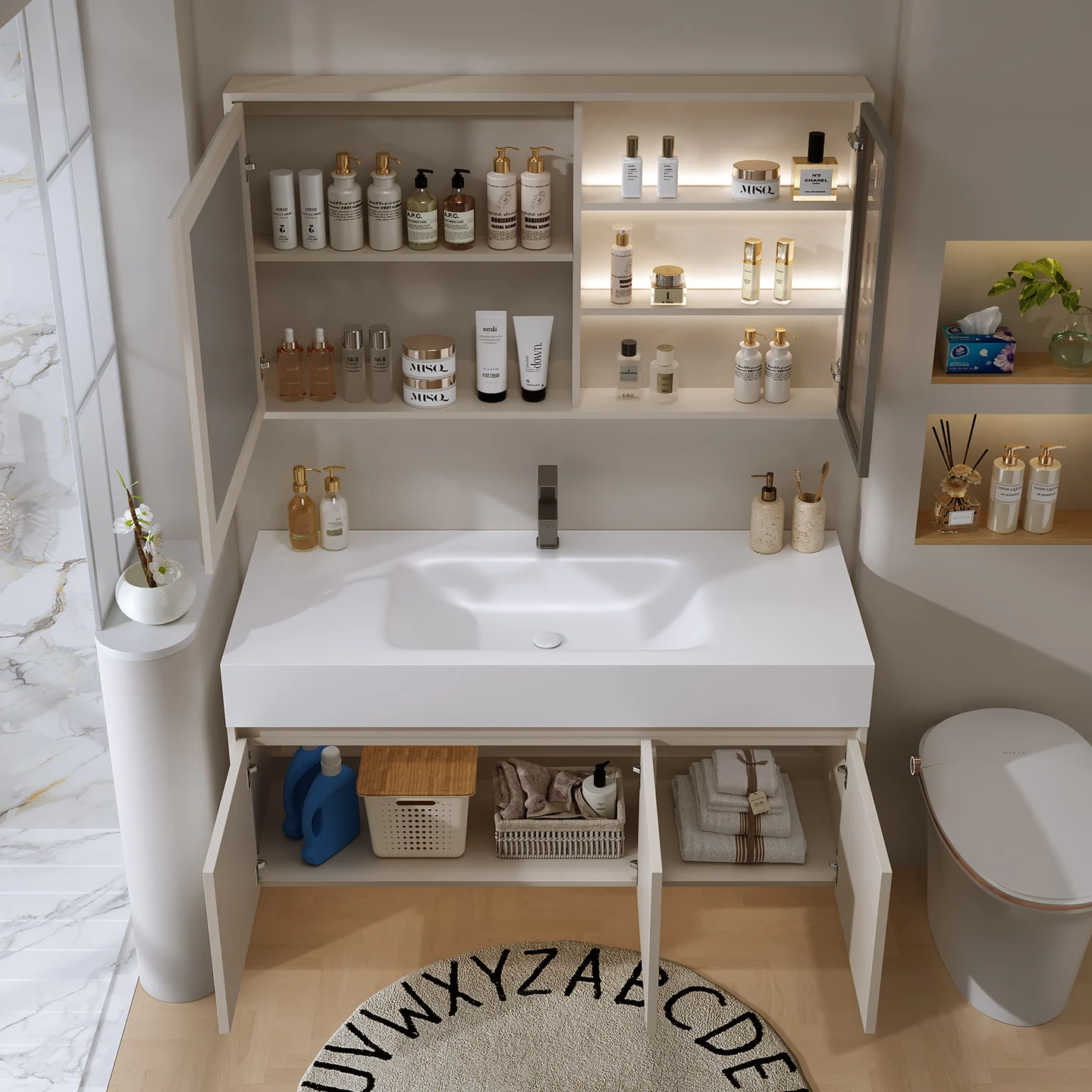 ab-Sintered Stone Bent One-Piece Basin Vanity Set, Bathroom Minimalist Style Washbasin, Lavatory, Vanity Cabinet！