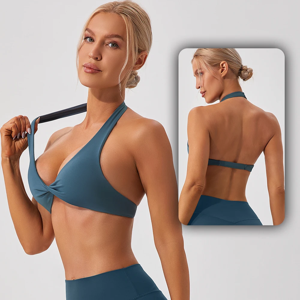 New Arrival Sexy Front Fitness Twist Unique Sports Bra For Women Gym Active Wear Removable Padding High Support Racer Back Women