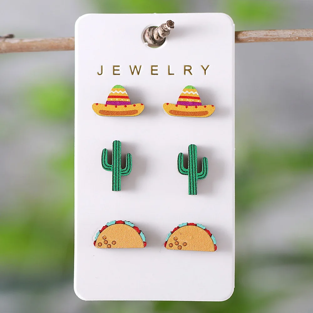Flower Wood Stud Earrings Collection Card 2026 New Western Cowgirl Design Cactus Hat Women Jewelry