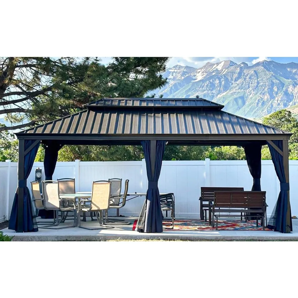 12' X 20' Hardtop Gazebo Pavilion for Outdoor with Netting and Curtains Deck Backyard Heavy Duty Sunshade Large Metal Patio