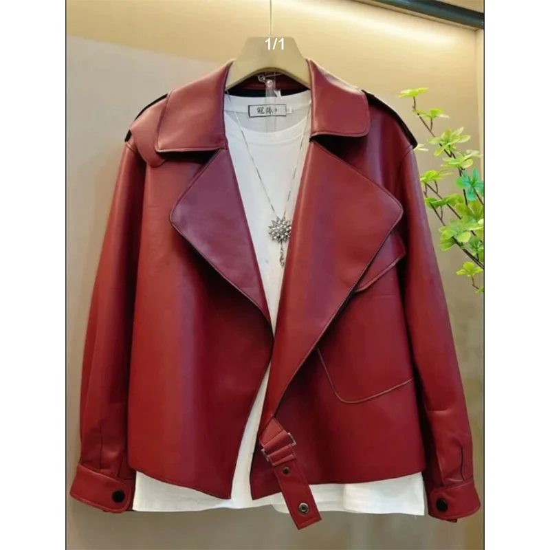 

2025 American Retro PU Leather Explosions Leather Women In Spring And Autumn Wear A Suit Collar Joker Temperament Coat