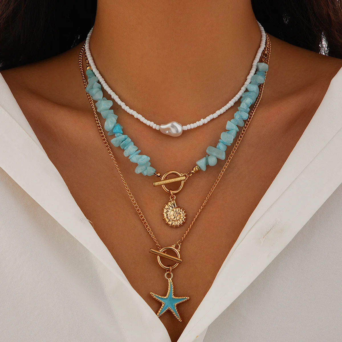 Necklace Layered Beaded Starfish Pendant Baroque Multicolor Resin Chip Stones Lightweight Durable Versatile Jewelry Women Party
