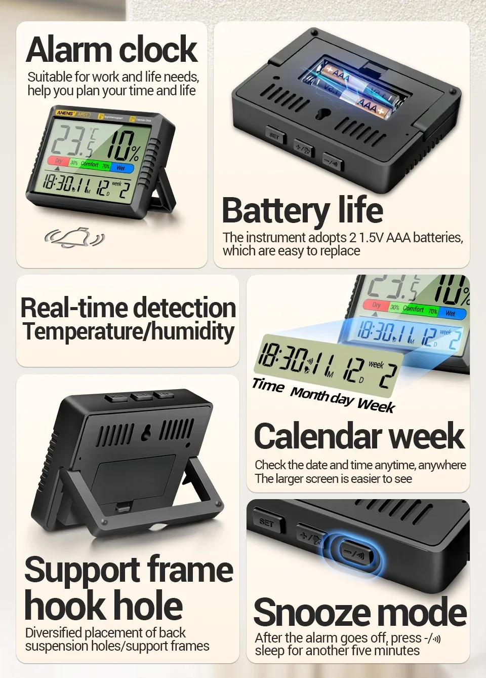 ANENG AP01 LCD Digital-Thermo-Hygrometer, elektronische Innenuhr, Multiszenenmessung, Lufttemperatur-Hygrometer, Testwerkzeuge – Detail 8