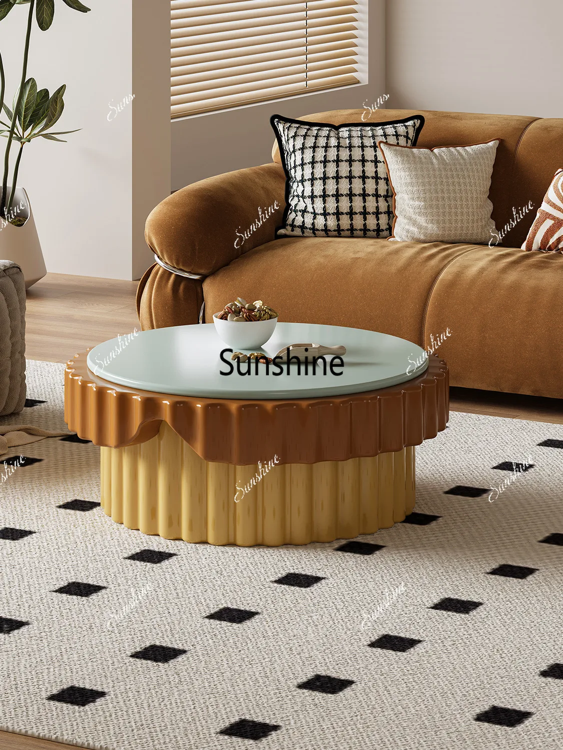 Cream style living room household small apartment modern simple light luxury high-end round coffee table